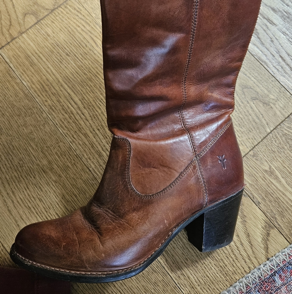 Frye Jackie Button Tall Boots 7.5 Cognac Brown Leather Western Riding - Picture 6 of 14